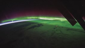Planet Earth view seen from the International Space Station with Aurora Borealis on September 2017, Time Lapse 4K. Images courtesy of NASA Johnson Space Center. Slide down motion timelapse.