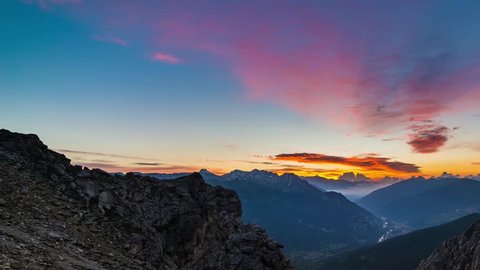 Panorama on Susa Valley (Valle di Susa) dramatic aerial view at sunrise, foggy valley, sowcapped mountain peaks, Torino Province, Italy, the Alps in summer. Video de stock