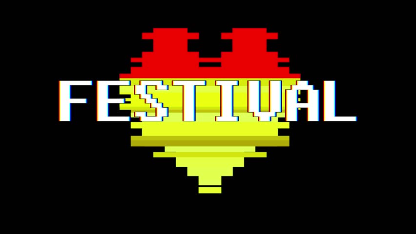 pixel heart FESTIVAL word text glitch interference screen seamless loop animation background new dynamic retro vintage joyful colorful video footage