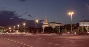 Moscow Kremlin and downtown car traffic in the Evening, View from the Big Stone Bridge, Timelapse Video, Moscow, Russia