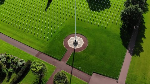 Aerial pan of the American Military Cemetery in Normandy. The Garden of the Missing