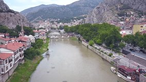 aerial, river in city, aerial amasya city, amasya river