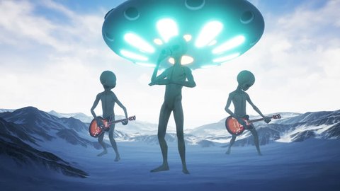 Aliens sing and play guitars on their home snow planet on the background of the ufo. Realistic motion background. 4K.