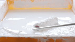 Slow motion footage of roller in white paint