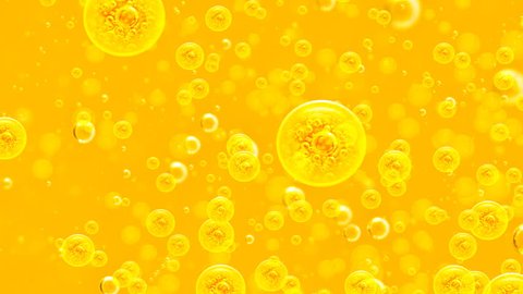 Golden background. Big and small golden bubbles oil inside gold liquid for the project, oil, honey, beer, juice or other variants.