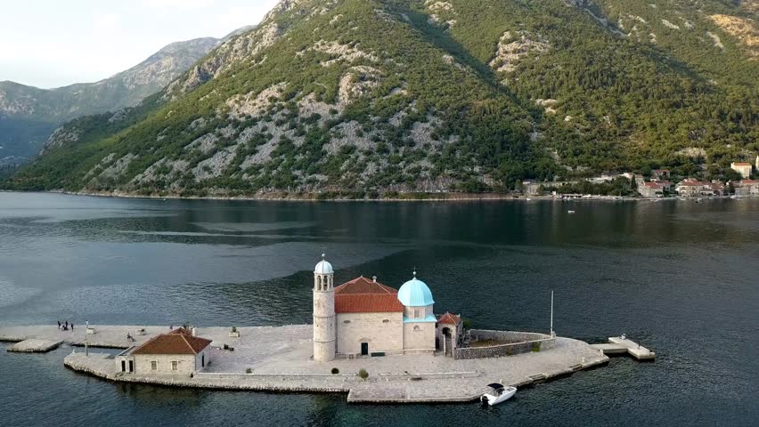 Aerial view of the Our Lady of the Rocks church and Island of Sveti Djordje in the Kotor Bay near Perast town, Montenegro.