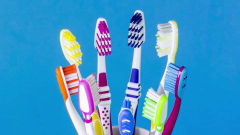 Colorful toothbrushes in spinning toothbrush cup on blue background, close-up and seamless loop.