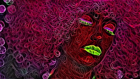 female disco dancer poses in UV fluorescent costume and huge afro wig with impressionist style overlayed art painting 