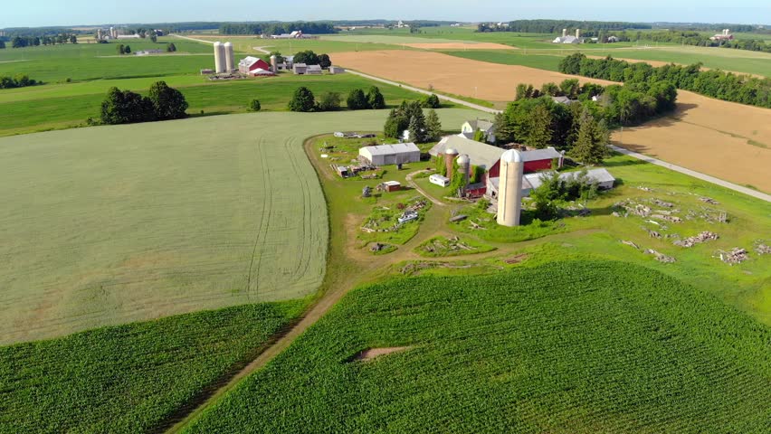 Scenic Wisconsin rural agricultural landscape, aerial view.
