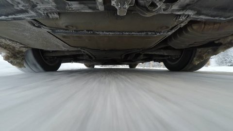 Snow road driving, camera mounted under the car