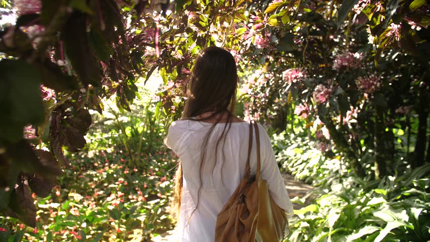 Following a beautiful woman walking between tropical trees blossoming. Location Balata garden Martinique. Sunny day Royalty-Free Stock Footage #1014024908