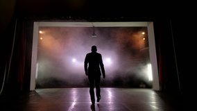 showman presents his show, spreading his hands to the sides. The guy in the purple camisole and the cylinder. Bright tailcoat, suit. Rear view of a male public speaker speaking at the microphone - Powered by Shutterstock - Get 15% off with code: PIKWIZARD15