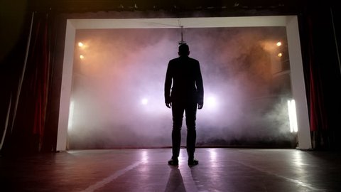 Showman. Young male entertainer, presenter or actor on stage. Back, arms to sides, smoke on background of spotlight. Rear view of a male public speaker speaking at the microphone, pointing, in the