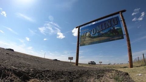 July 21st, 2018: Cheyenne, Wyoming - Time Lapse of the "Welcome to Wyoming" sign on Interstate 25 near Cheyenne leaving Colorado. 