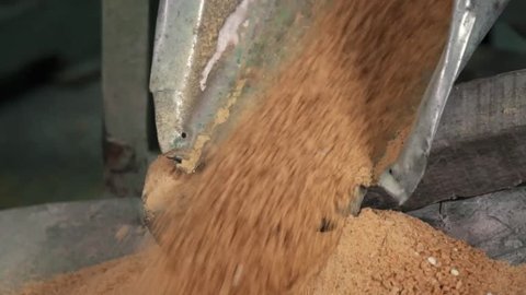 Raw Orange Fertilizer Falling On A Moving Treadmill - Tilt Down
