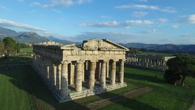 Aerial footage drone view of archaeological park of ancient greece, temples of the gods, in Salerno Italy// no video editing