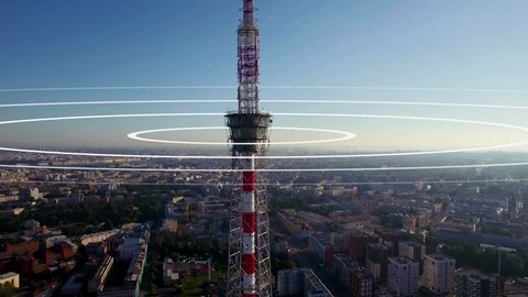 Visualization of radio waves coming from a large TV antenna towering above the city. Concept visualization of a phone mast emitting radio signals in concentric circles.