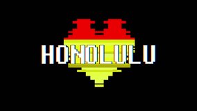 pixel heart HONOLULU word text glitch interference screen seamless loop animation background new dynamic retro vintage joyful colorful video footage