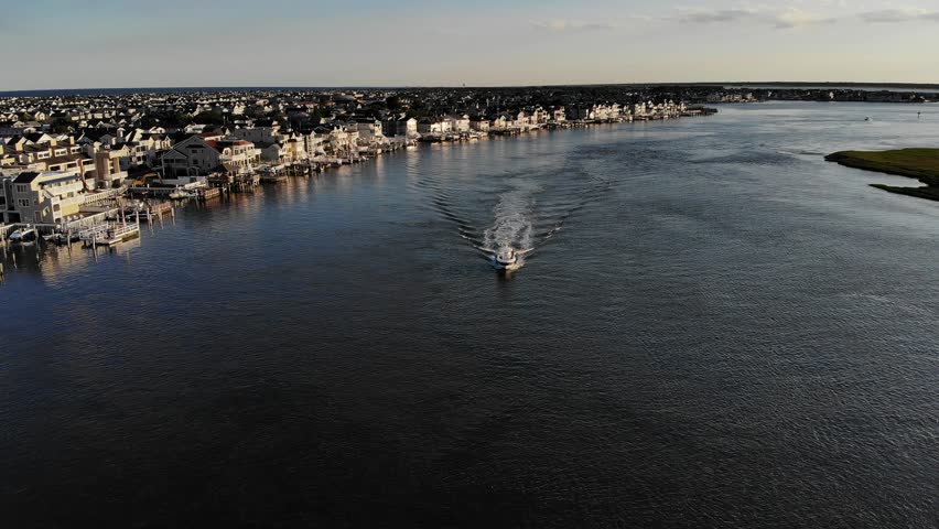 Ariel View Of Ocean City, New Jersey Bay, Boat on Water 