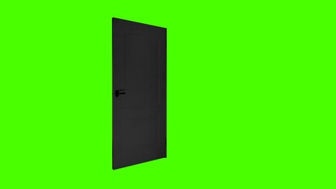 Real black door open and close on green background. green screen isolated