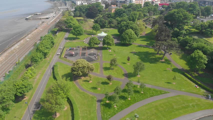 Fly by bandstand and playground at the park, blackrock park, dublin, ireland