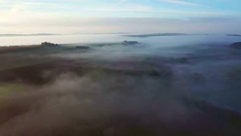 Aerial view of a foggy landscape in autumn, Onsdorf, Saargau, Rhineland-Palatinate, Germany, Europe