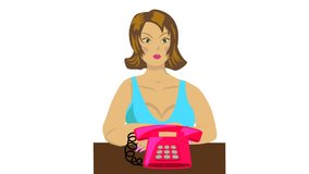  woman, secretary. The girl-secretary, answers the phone call in the office, says hello, video, animation, video clip, animated clipart, transparent background