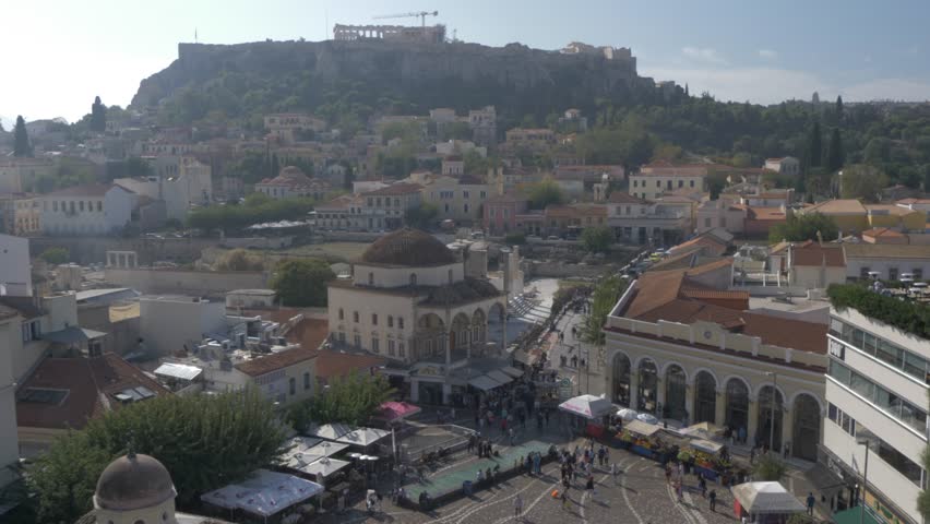 View of Monastiraki Square from elevation viewpoint with the Acropolis visible in background, Athens, Greece, Europe