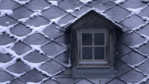 Dormer and spit of snow, Kastel-Staadt, Rhineland-Palatinate, Germany, Europe