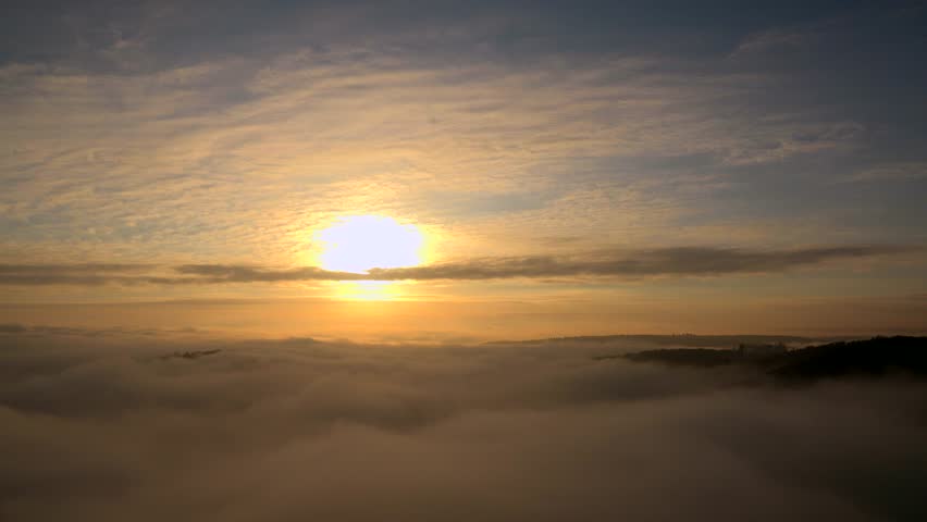 Fog patches over landscape and morning sun, Mettlach, Saarland, Germany, Europe