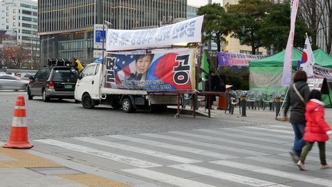 Political protest action in Seoul, South Korea, 02 December 2017. Car with portrat of former president on the street
