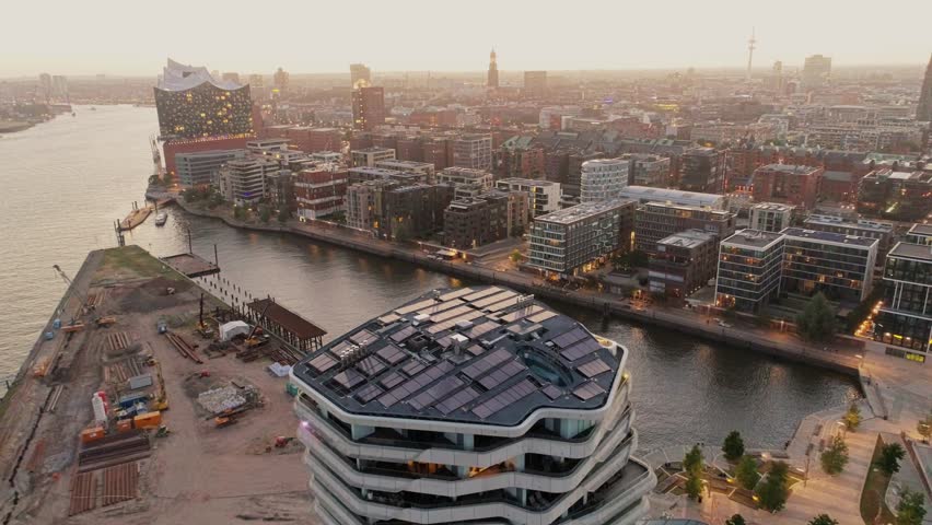 Aerial view of Speicherstadt Hamburg, Germany. Sunset / dusk / night. City lit up at night, Hamburg, Germany Night city landscape. Amazing architecture.