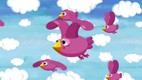 Cartoon title background. Sweet birds are flying in the sky. Long seamless loop. They are sweet and happy. Maybe they are flying to Africa. 