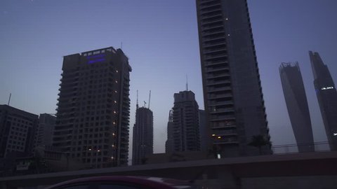 Dubai, UAE - April 08, 2018: Evening view of the skyscrapers of Dubai Marina stock footage video