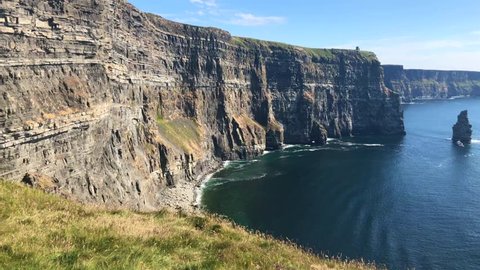 The famous Cliffs of Moher are sea cliffs located at the southwestern edge of the Burren region in County Clare, Ireland. They run for about 14 kilometres.