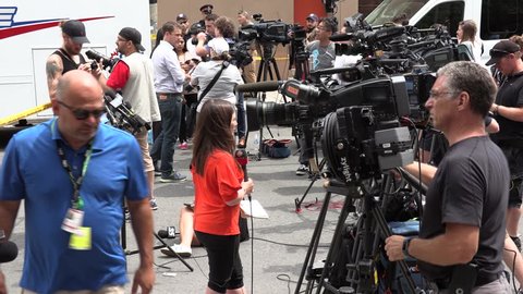 Toronto, Ontario, Canada July 2018 News cameras and media at scene of mass shooting in Toronto on Danforth ave