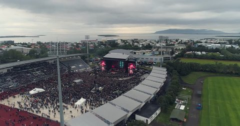 Aerial: Outdoor music concert Reykjavik Iceland JULY 24, 2018.