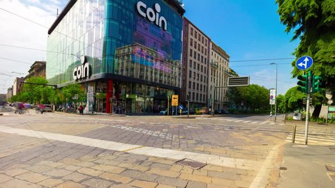 MILAN, ITALY - MAY 18 2018: sunny day milan city famous traffic street square rotating panorama 4k timelapse circa may 18 2018 milan, italy.