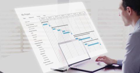 Project manager checking deliverables, tasks and milestones progress planning with Gantt chart scheduling diagram interface on a virtual screen, 4K video