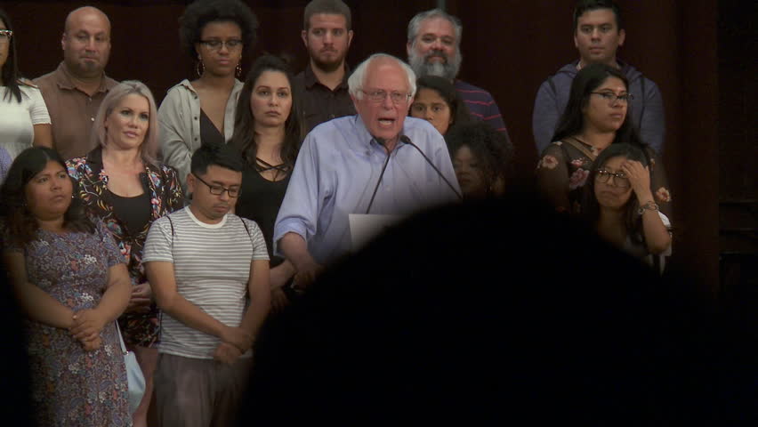 LOST OPPORTUNITIES. Bernie Sanders asks how the war on drugs affect jobs and education. June 2nd, 2018 at the Rally for Justice in downtown Los Angeles, California. | Shutterstock HD Video #1014175451