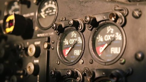 Oxygen Gauges in an Old English Electric Canberra Bomber. Close-Up. 