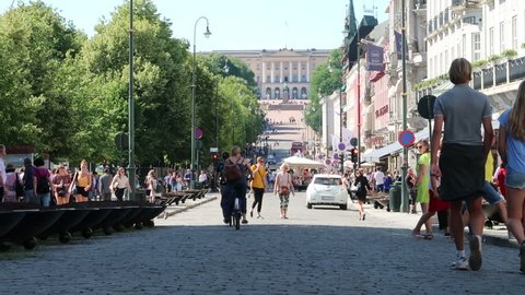 Oslo, Norway, july 2018, people in Karl Johans shopping street