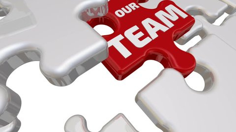 Join our team. The inscription on the red puzzle. Folding white puzzles elements and one red with text: JOIN OUR TEAM. Footage video