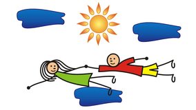 Cartoon boy and girl are hovering together holding hands. Against the background of the sun and clouds.  Video.