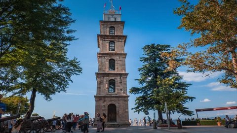The historical clock tower in Tophane Park in Bursa,Turkey,15.07.2018,(Time Lapse)