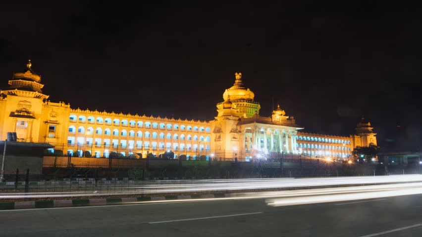 Long exposure time lapse of the fully lit Vidhanasoudha, the seat of legislature, Karnataka, India 