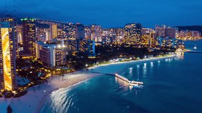 4K Cinematic urban aerial time lapse in motion dynamic video view of Waikiki Beach in Honolulu Hawaii at dusk