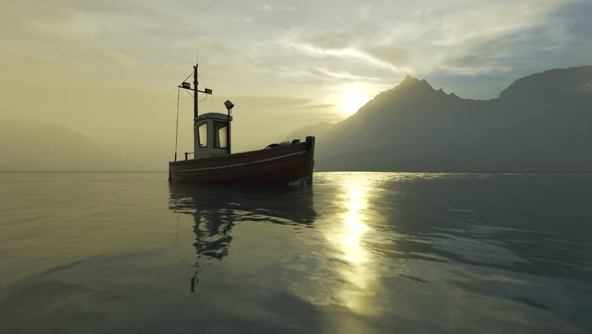 A small wooden fishing boat with a red hull and white cabin floats on a calm, gently rippling water surface. A low sun casts a bright golden reflection across the water, with hazy mountains rising along the horizon under a soft cloudy sky.