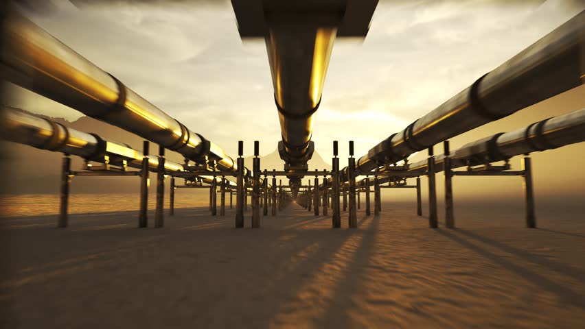 03582 Five streams of pipeline with heat-pipes running through a desert with mouintains in background.