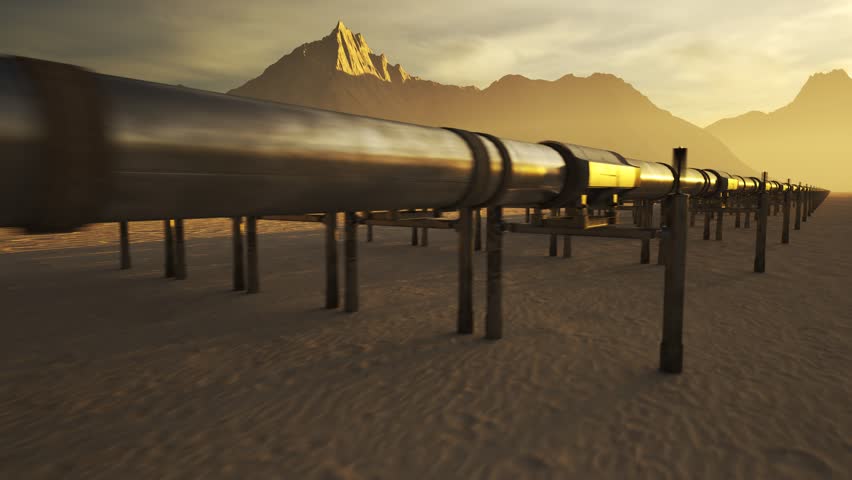 03580 Five streams of pipeline with heat-pipes running through a desert with mouintains in background.